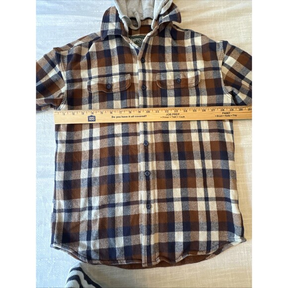 American Eagle AE Removable Hoodie Flannel Plaid Button Up Brown Blue Men's XS - Picture 10 of 11